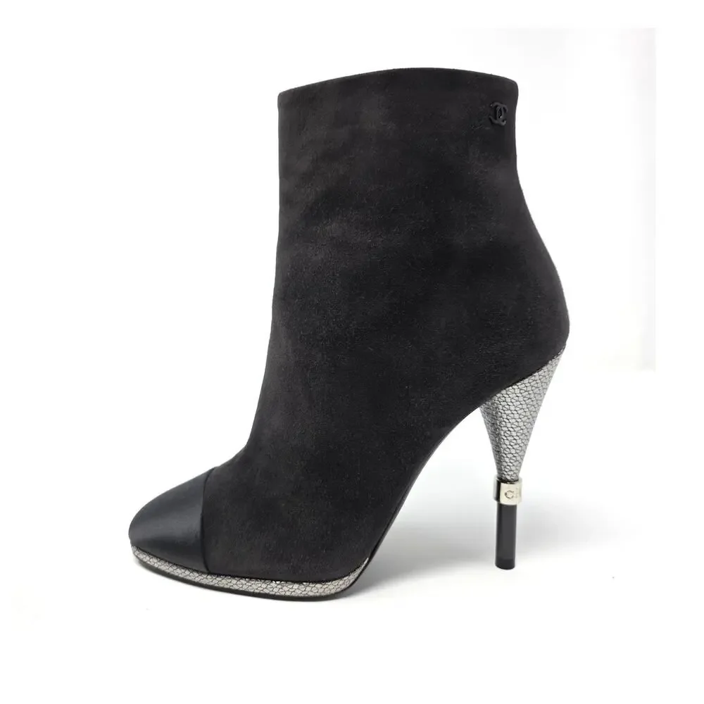 Chanel Suede Ankle Boots CC Logo Cap Toe Grey Black Silver Heels 37 6.5